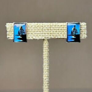 Reverse Hand painted Blue Butterfly Wing Silver screw back Rectangular Earrings